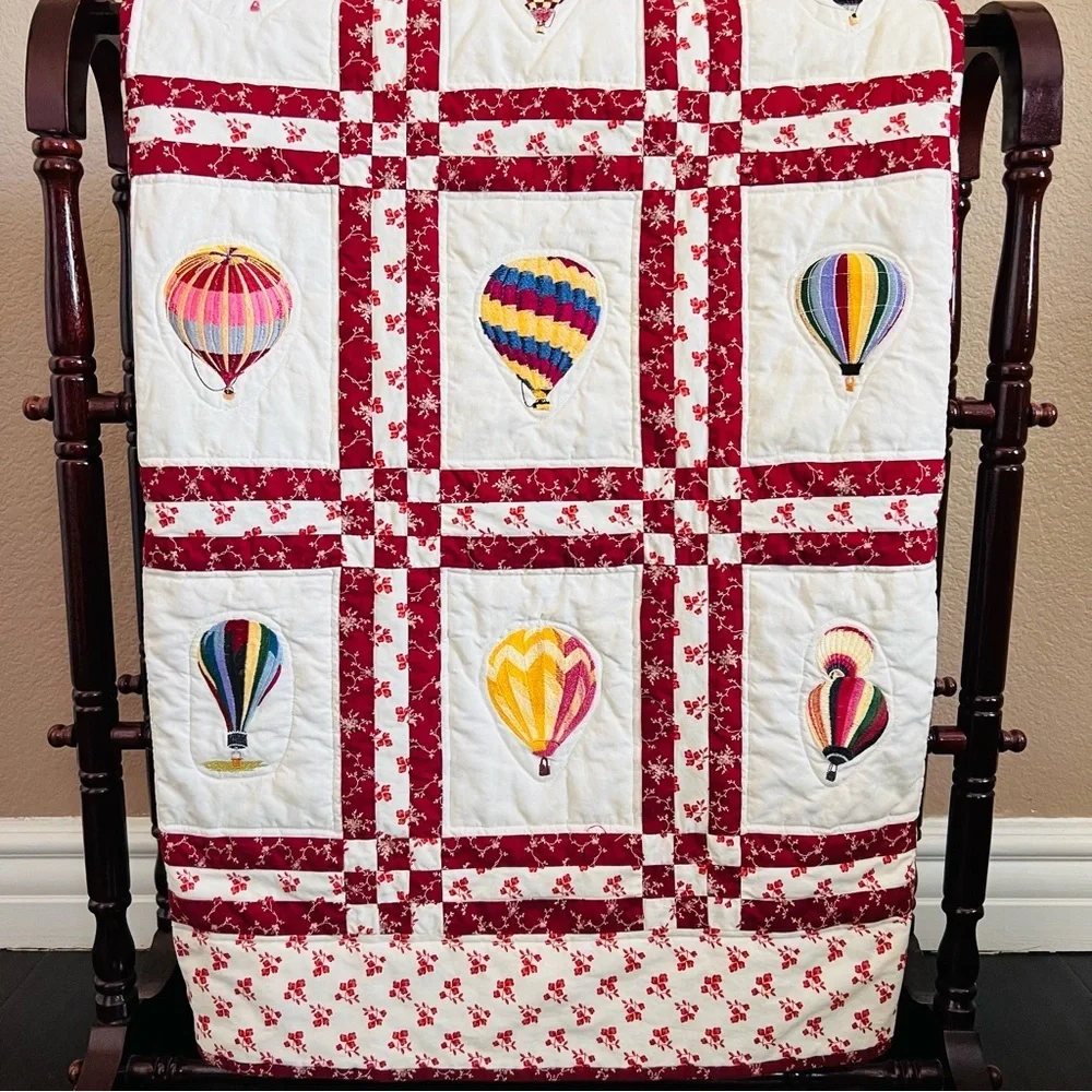 Bespoke Handmade Embroidered Hot Air Balloon Cotton Wall-Hanging Quilt.